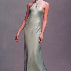 Anthropologie BHLDN Selma Halter-Neck Satin Maxi Dress Sage Green